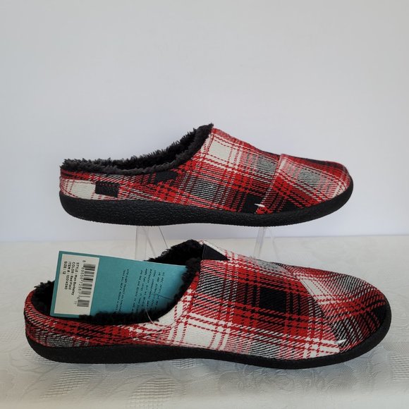 TOMS Mens Berkeley Faux Fur Lined Slip-On Slippers-Red Plaid- Men's Size 12 - Picture 12 of 15